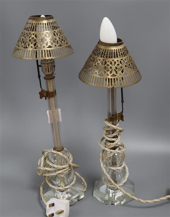 A pair of early 20th century prismatic cut glass table lamps, with metal shades